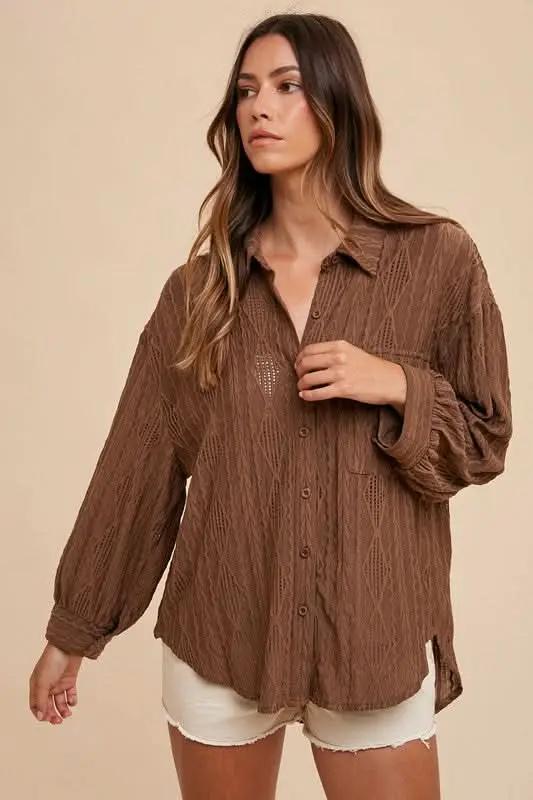 Openwork Drop Shoulder Button-Up Shirt by Annie Wear - Love Salve